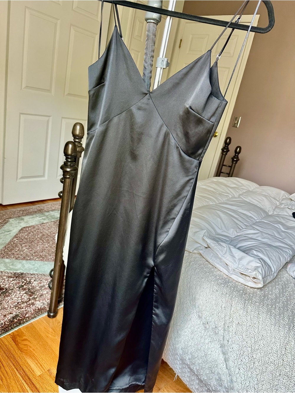 Stolen Hearts Satin Black Slip Dress with Side Slit. Chic!